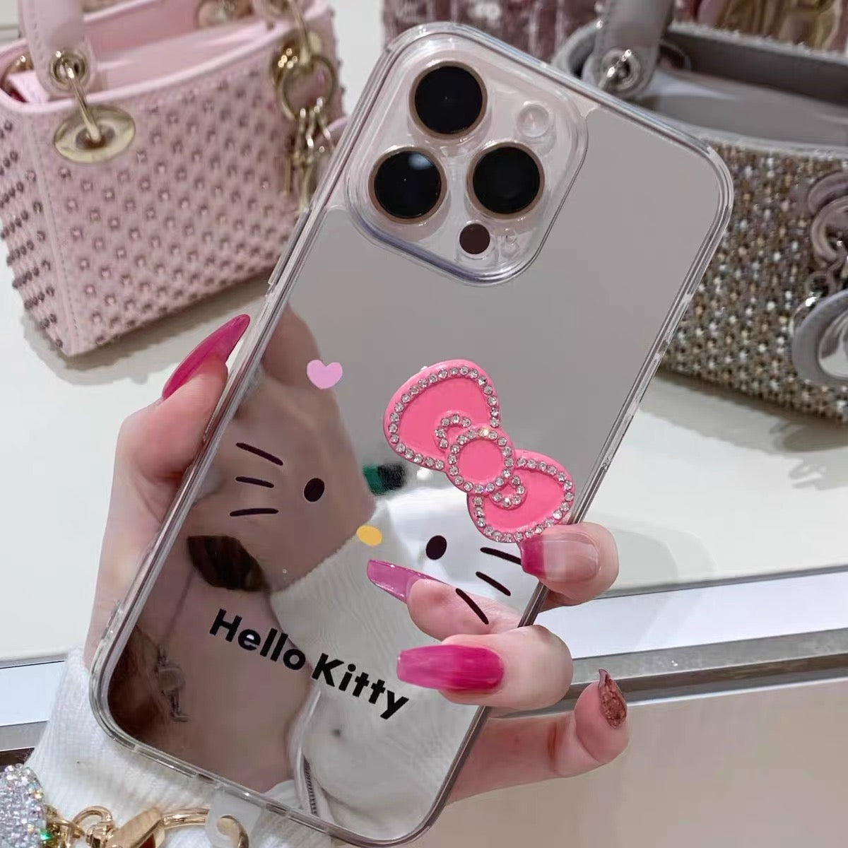 Hello Kitty Bow Sweet-Style Mirrored Rhinestone-Embellished Phone Case with Chain