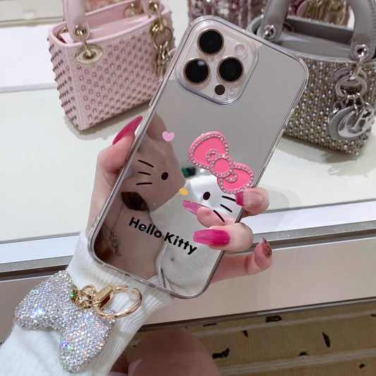 Hello Kitty Bow Sweet-Style Mirrored Rhinestone-Embellished Phone Case with Chain