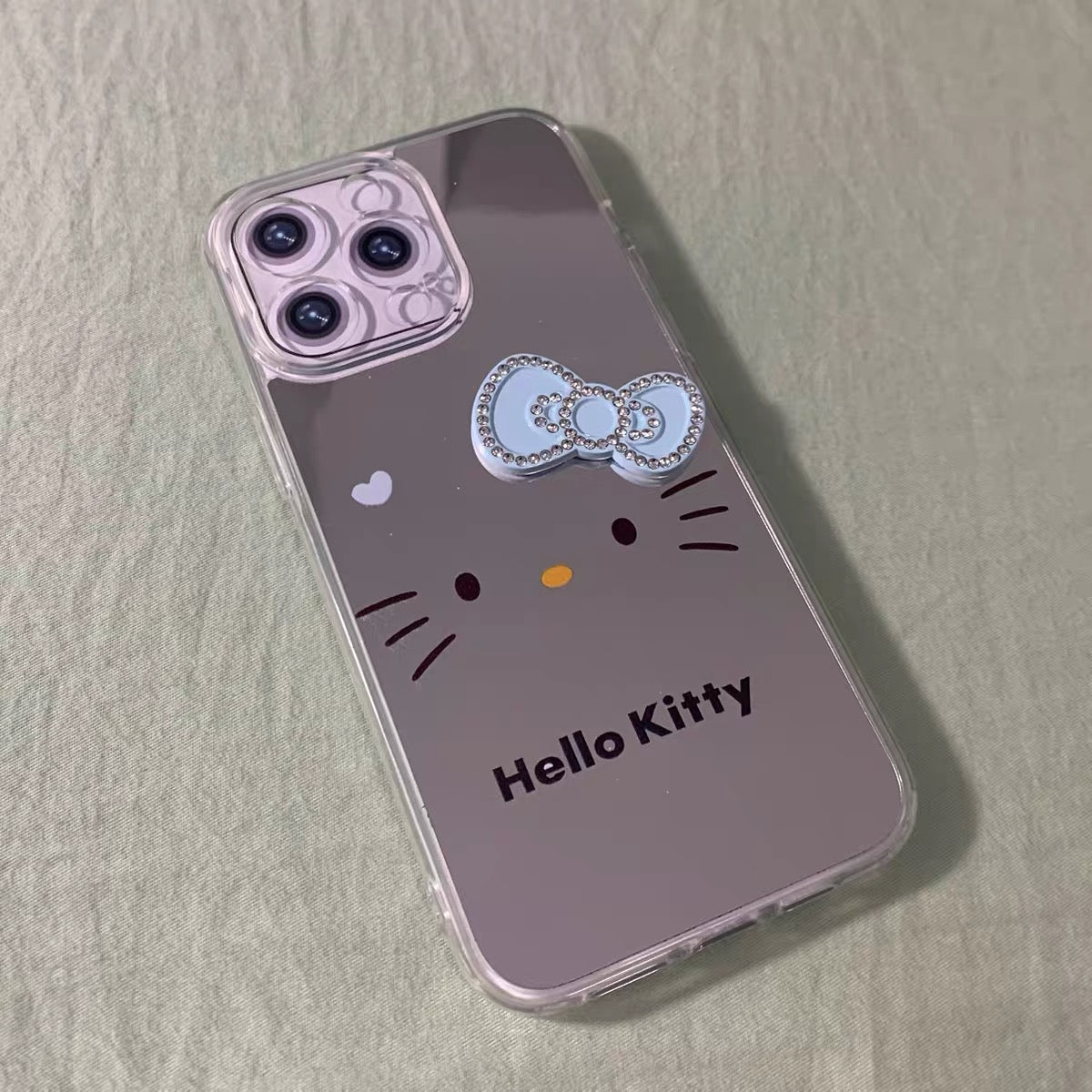 Hello Kitty Bow Sweet-Style Mirrored Rhinestone-Embellished Phone Case with Chain