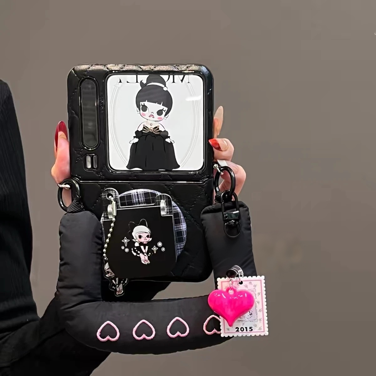 Sophisticated black-themed, girl-style flip-phone-look magnetic kickstand phone case for Android