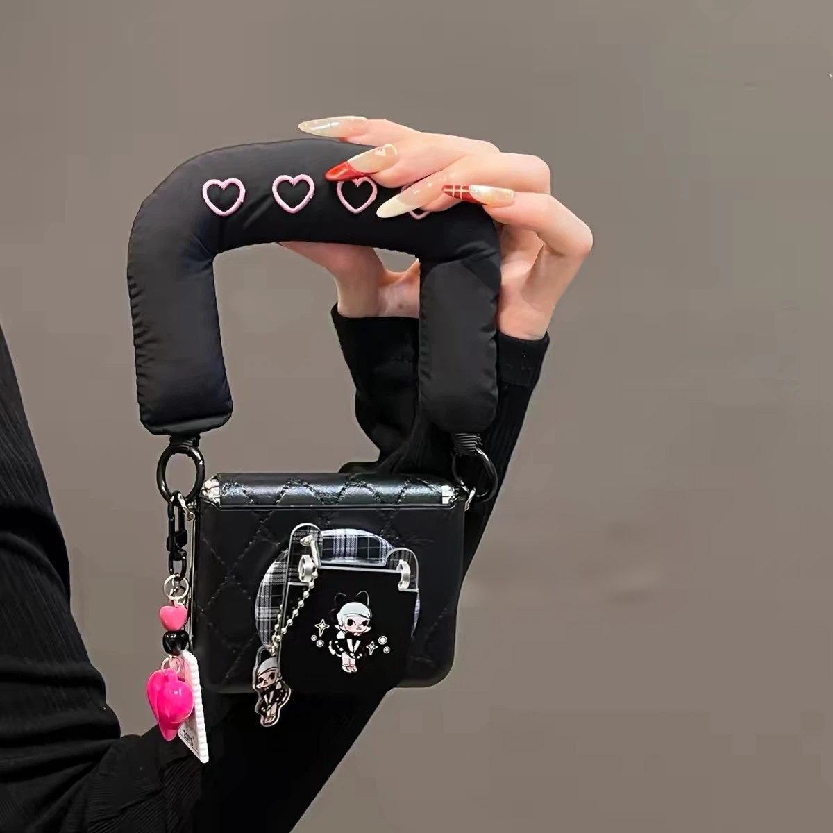 Sophisticated black-themed, girl-style flip-phone-look magnetic kickstand phone case for Android