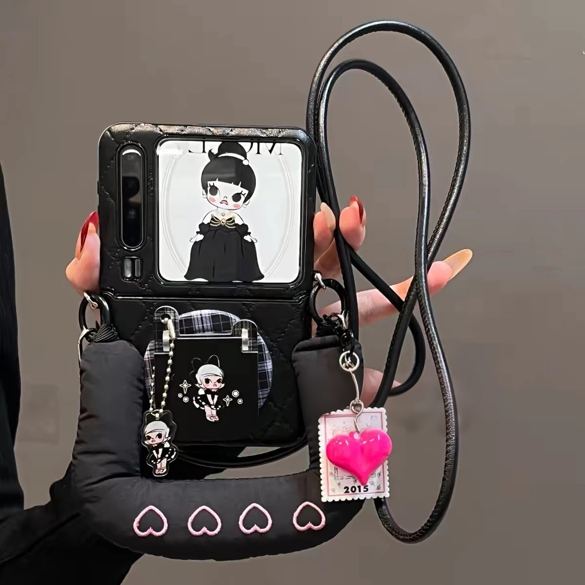 Sophisticated black-themed, girl-style flip-phone-look magnetic kickstand phone case for Android