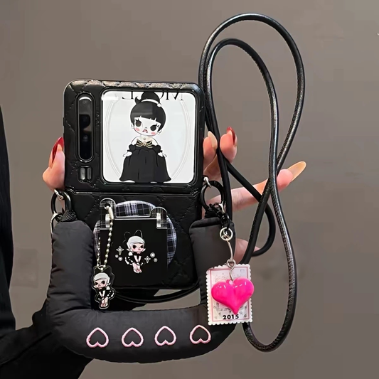 Sophisticated black-themed, girl-style flip-phone-look magnetic kickstand phone case for Android