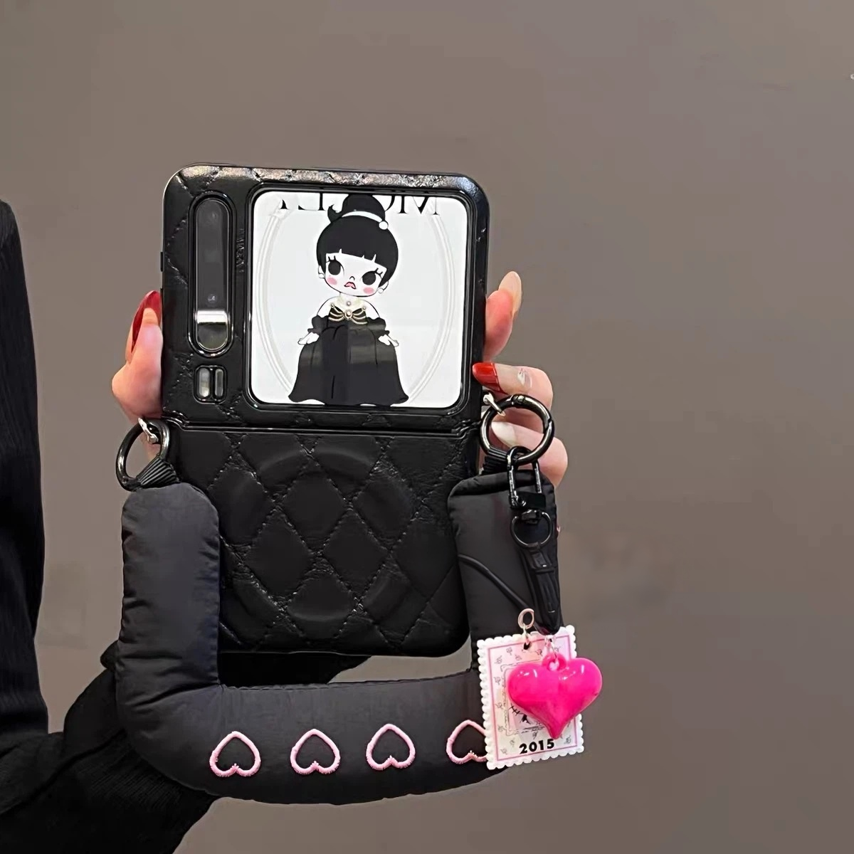 Sophisticated black-themed, girl-style flip-phone-look magnetic kickstand phone case for Android