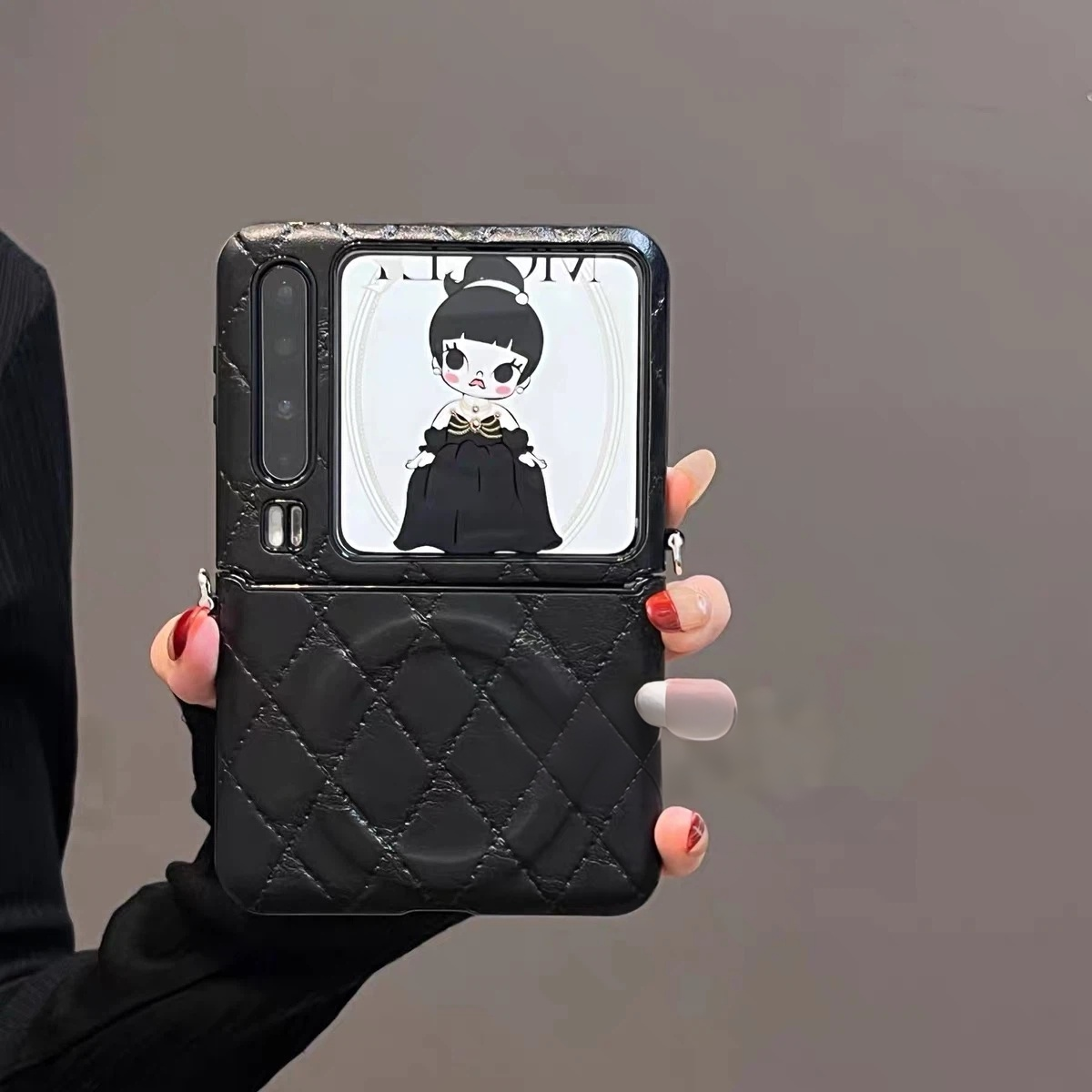 Sophisticated black-themed, girl-style flip-phone-look magnetic kickstand phone case for Android
