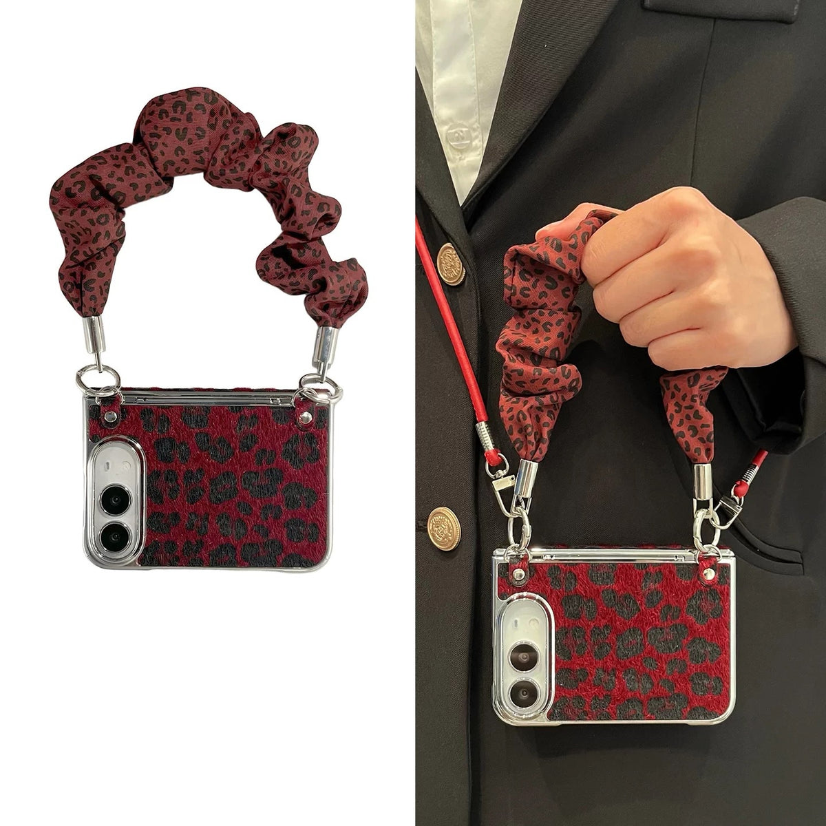 iPhoneDuo Burgundy Plush Leopard-Print Magnetic Side-Clasp Spring-Hinge Case for Foldable Phones