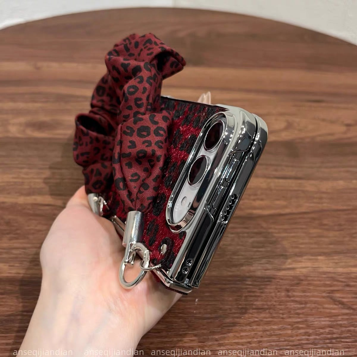 iPhoneDuo Burgundy Plush Leopard-Print Magnetic Side-Clasp Spring-Hinge Case for Foldable Phones