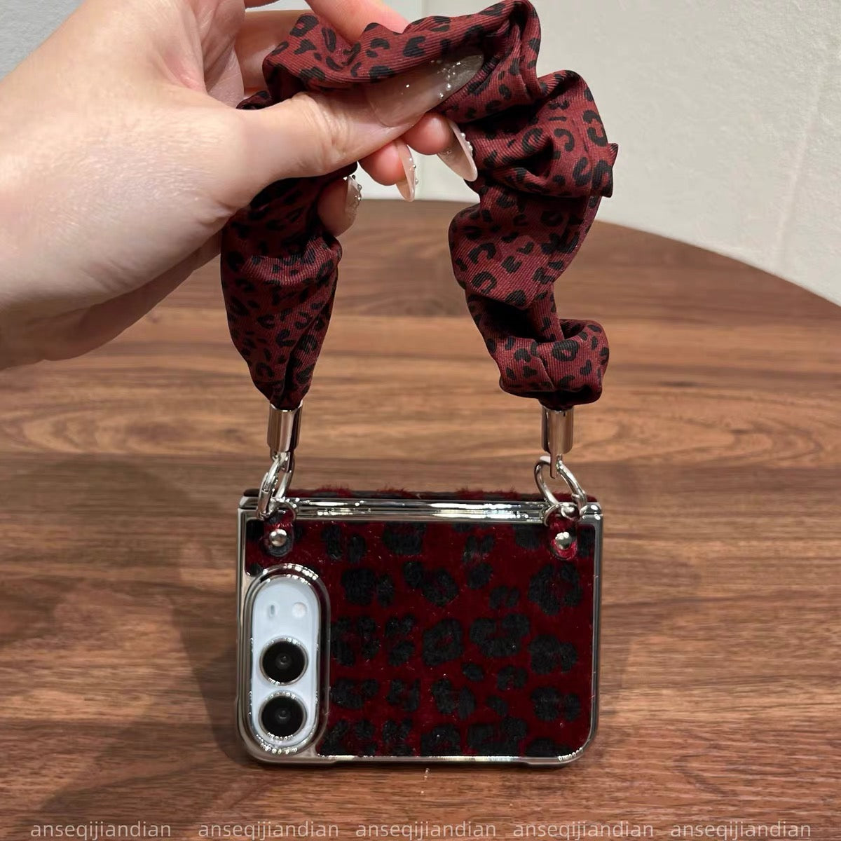 iPhoneDuo Burgundy Plush Leopard-Print Magnetic Side-Clasp Spring-Hinge Case for Foldable Phones