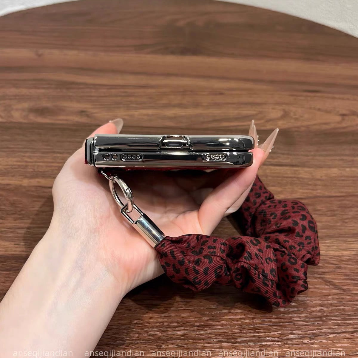 iPhoneDuo Burgundy Plush Leopard-Print Magnetic Side-Clasp Spring-Hinge Case for Foldable Phones