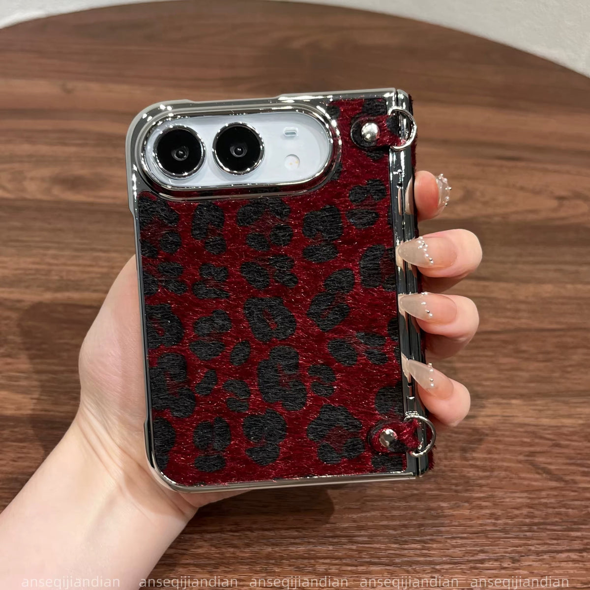iPhoneDuo Burgundy Plush Leopard-Print Magnetic Side-Clasp Spring-Hinge Case for Foldable Phones
