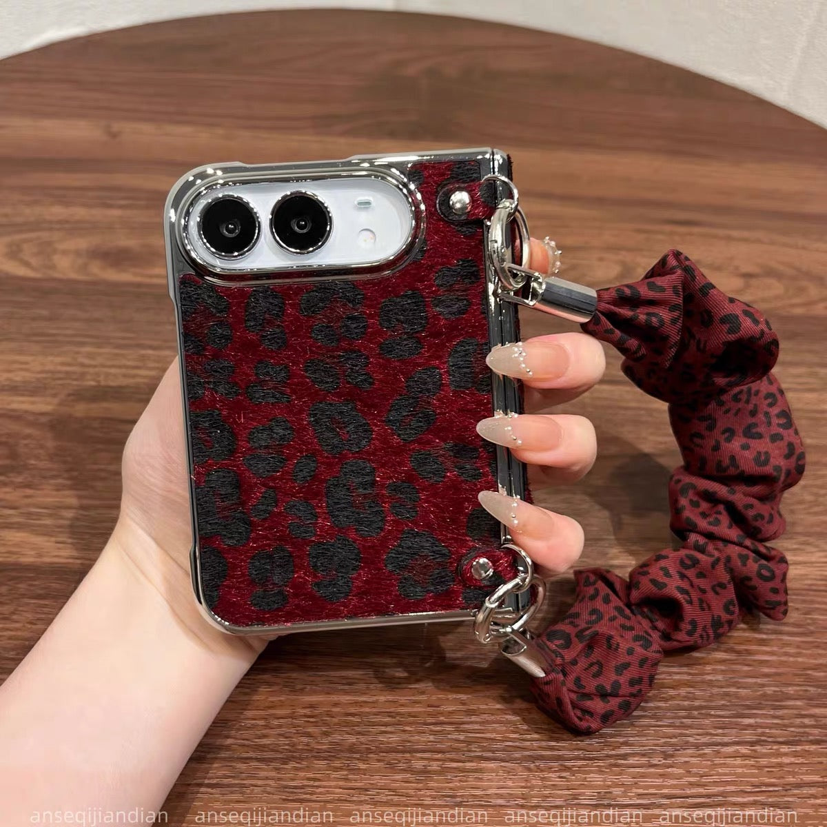 iPhoneDuo Burgundy Plush Leopard-Print Magnetic Side-Clasp Spring-Hinge Case for Foldable Phones