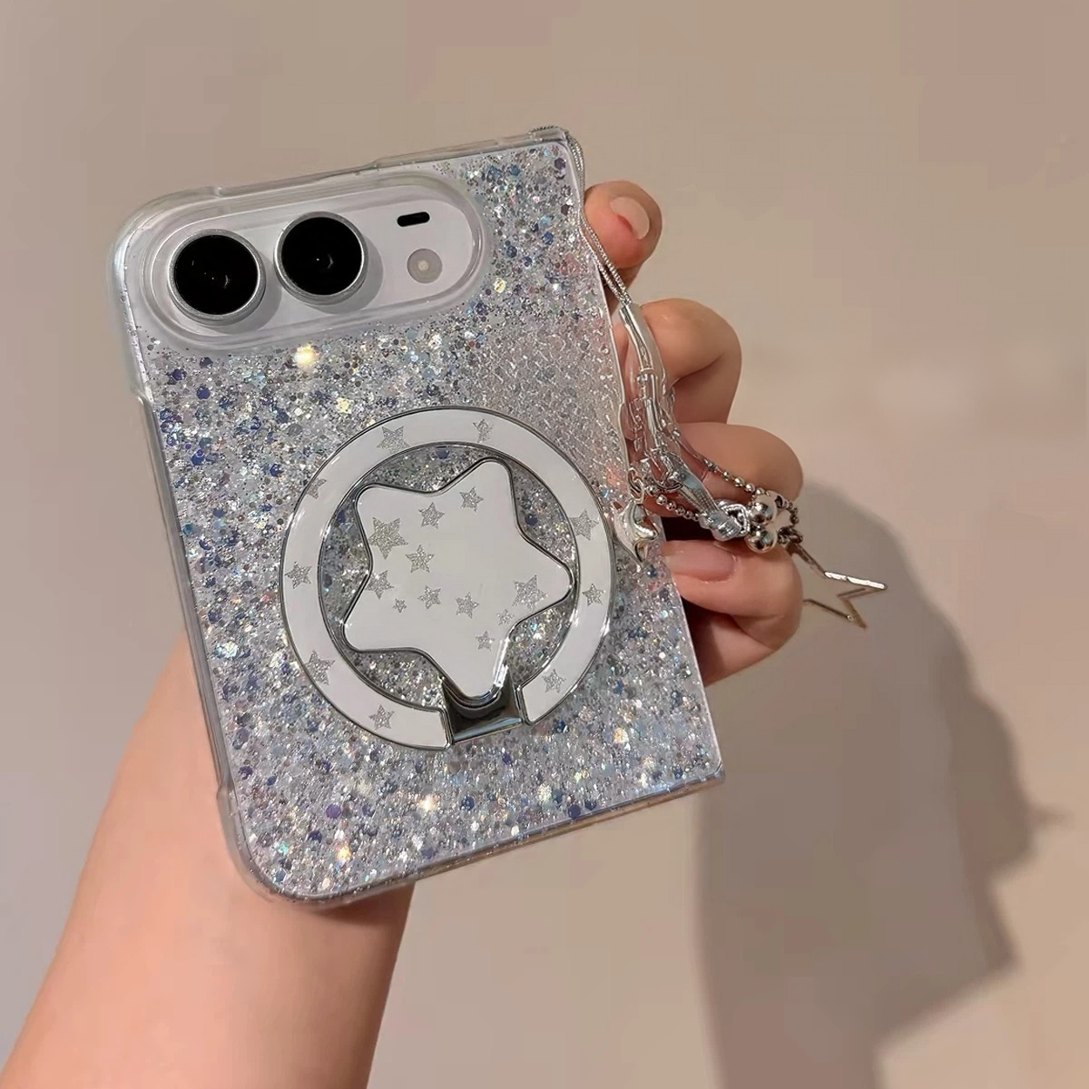 Dreamy silver-glitter star-themed phone cases, available for iPhone Duo and Android foldable phones.