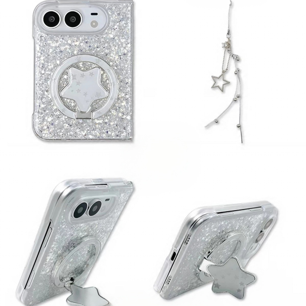 Dreamy silver-glitter star-themed phone cases, available for iPhone Duo and Android foldable phones.