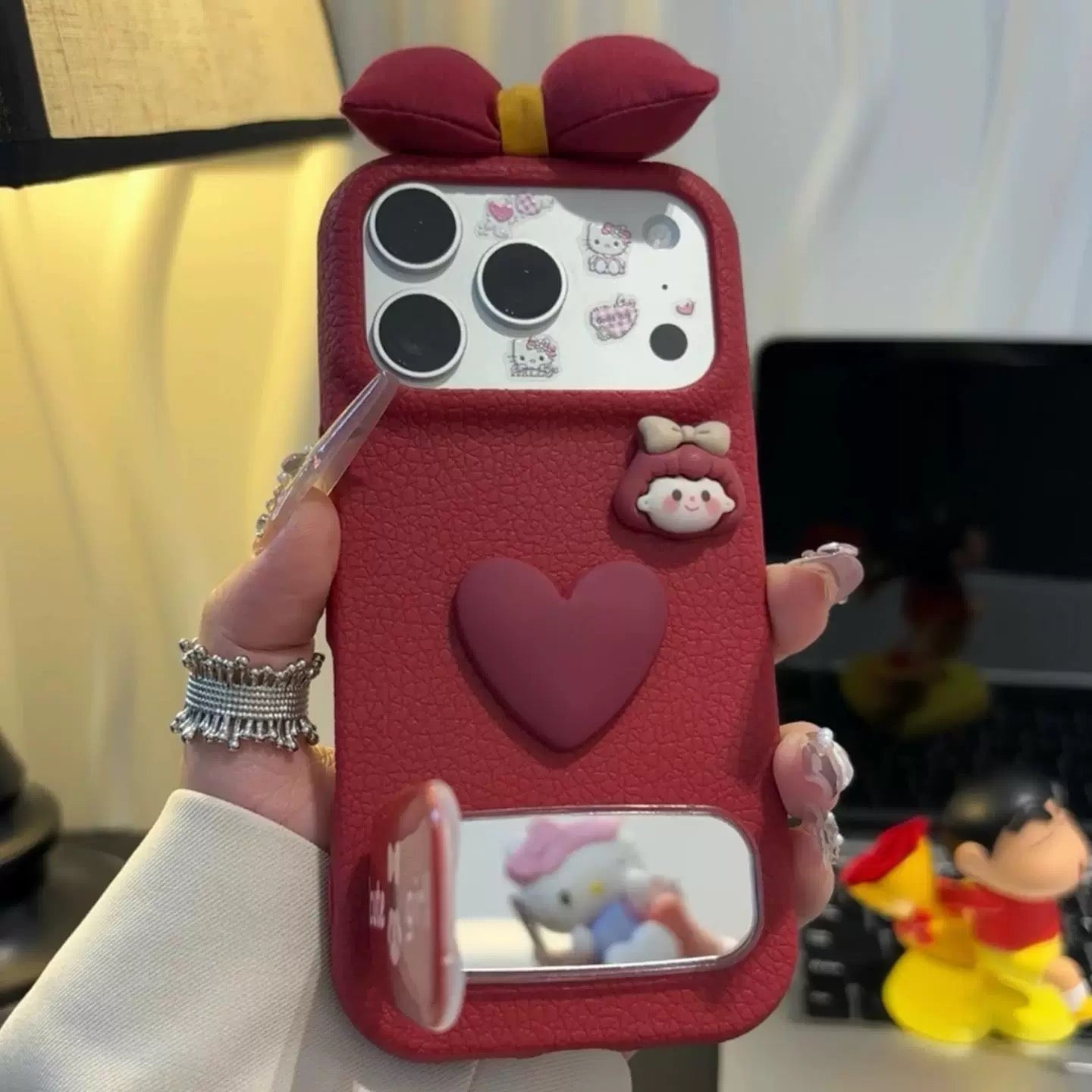 Burgundy Heart Bow Mirror Stand Phone Case