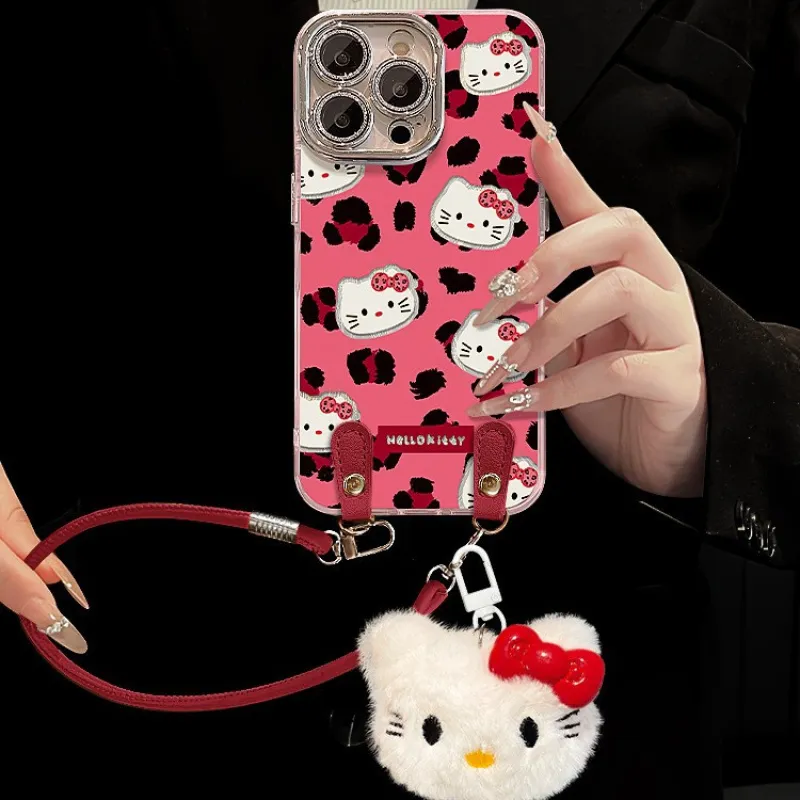 Leopard print Hello Kitty plush phone case