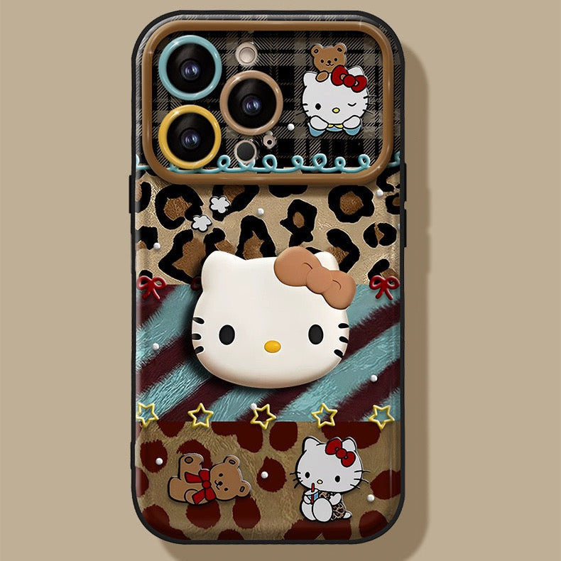 Leopard Print Hello Kitty Flip Phone Case with Mirror and Stand