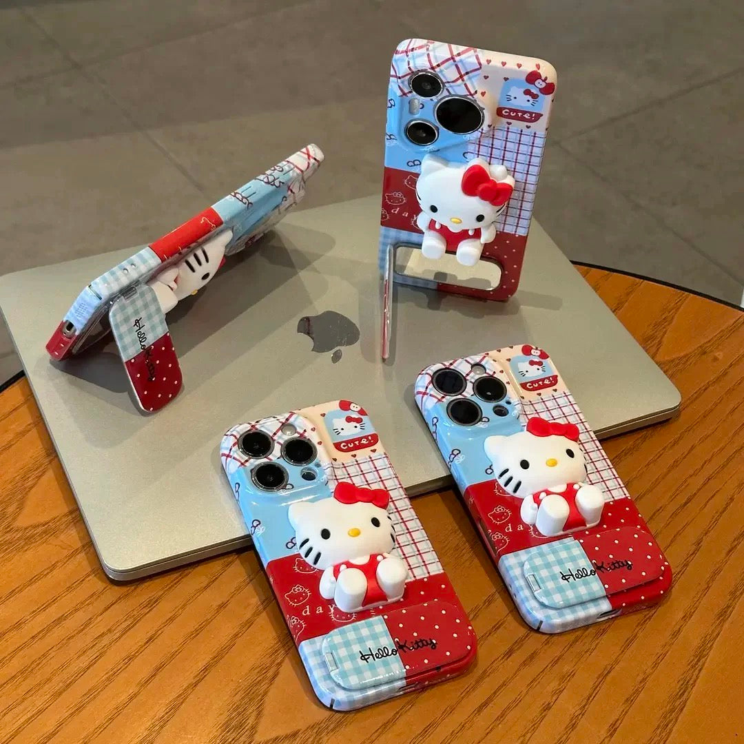 Plaid-Patchwork Hello Kitty Phone Case with Mirror Stand