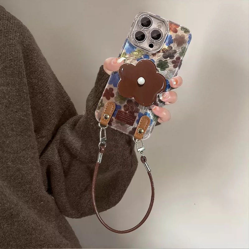 Retro Floral Phone Case with Kickstand, Leather Buckle, and Lanyard