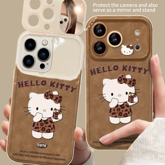 Leather-colored leopard print Kitty flip mirror phone case