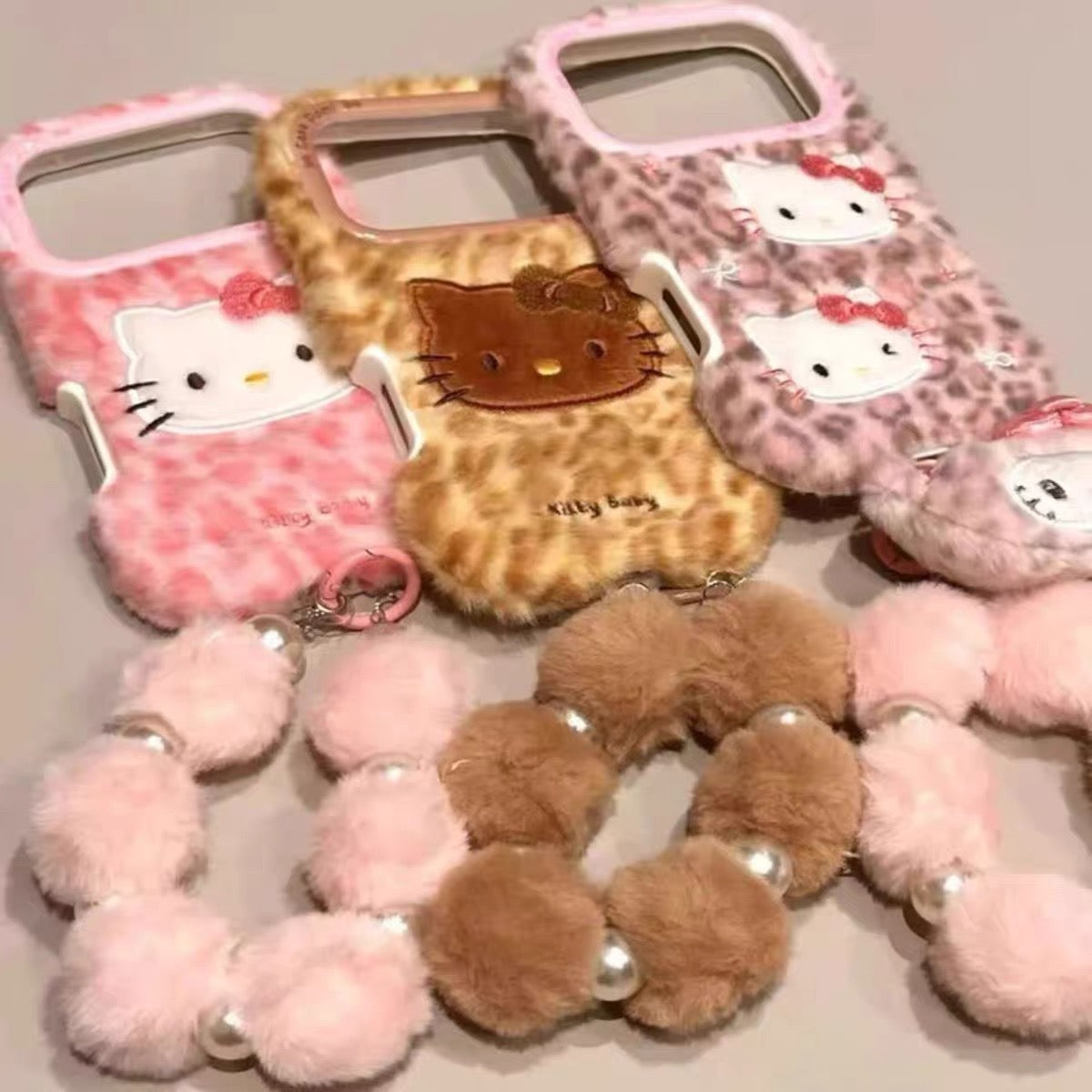 Cute Fluffy Pink Panther & Hello Kitty Lanyard Phone Case