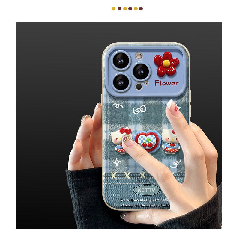 Blue Plaid Kitty Flip Phone Case with Mirror and Stand