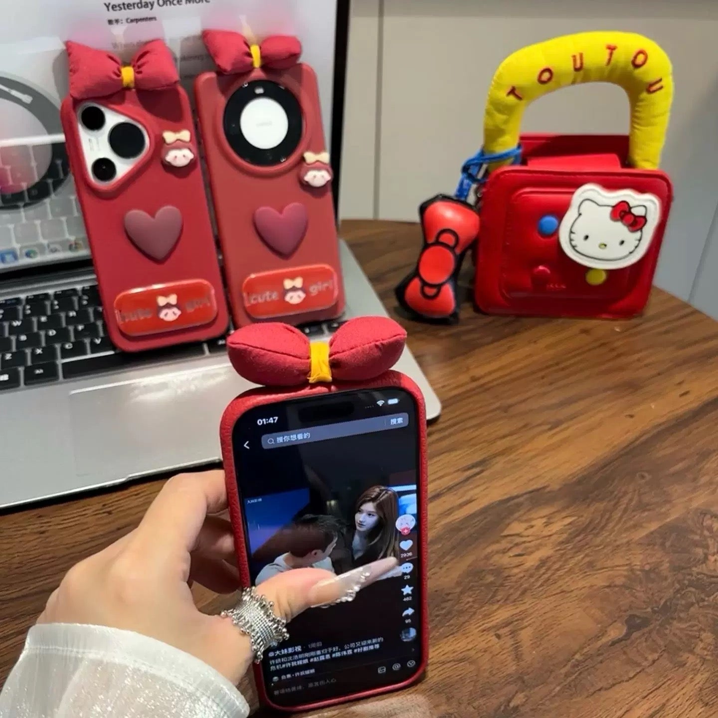 Burgundy Heart Bow Mirror Stand Phone Case