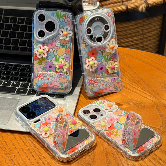 Étui de téléphone avec miroir floral pleine largeur et support