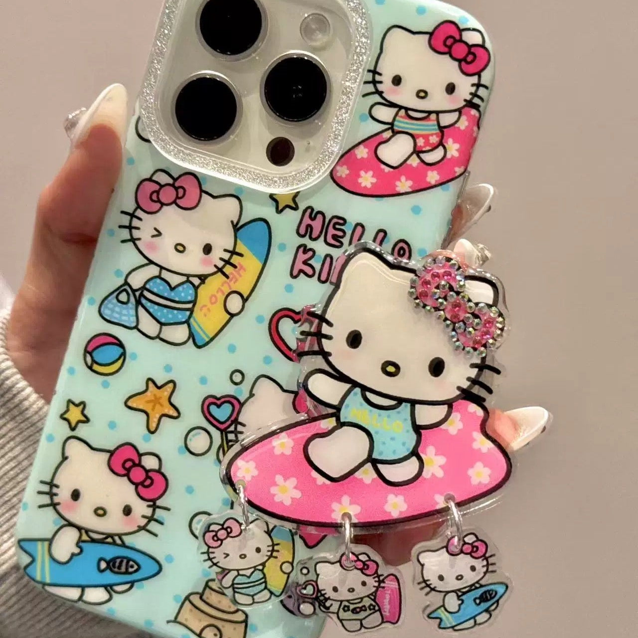 Cartoon Floral Surfboard Bubble-Blowing Hello Kitty