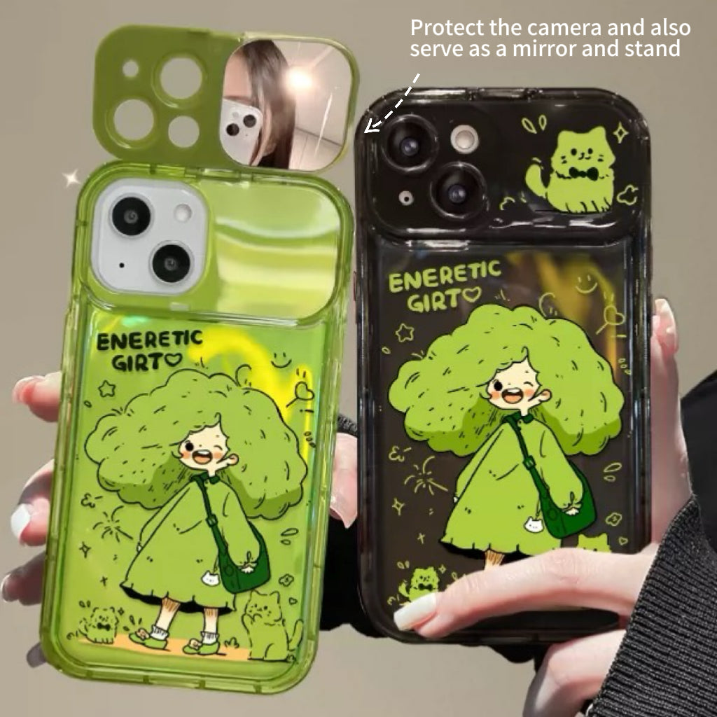Green-haired little girl portable mirror phone case