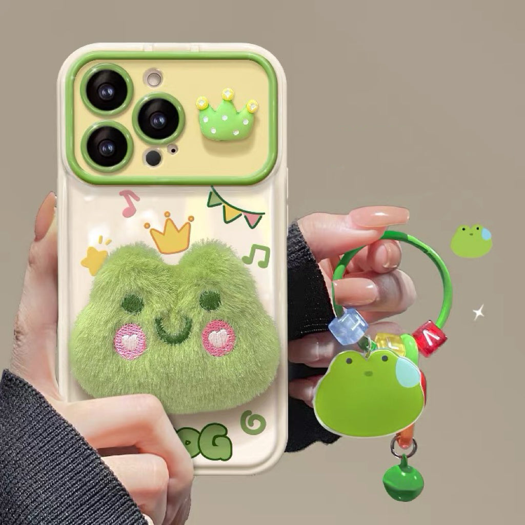 3D plush frog flip-cover phone case with mirror