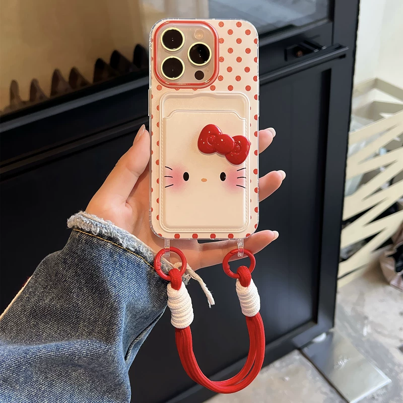 Cute red polka dot cat card holder phone case