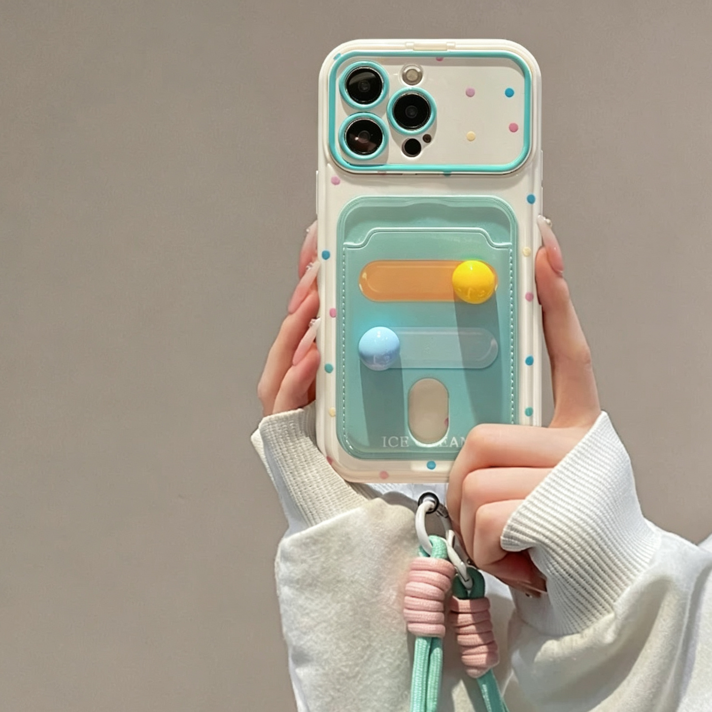 Fresh Polka-Dot Portable Mirror and Card Holder Phone Case