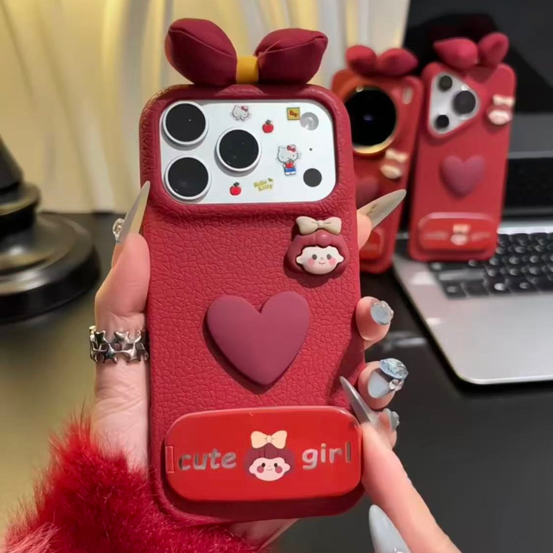 Burgundy Heart Bow Mirror Stand Phone Case