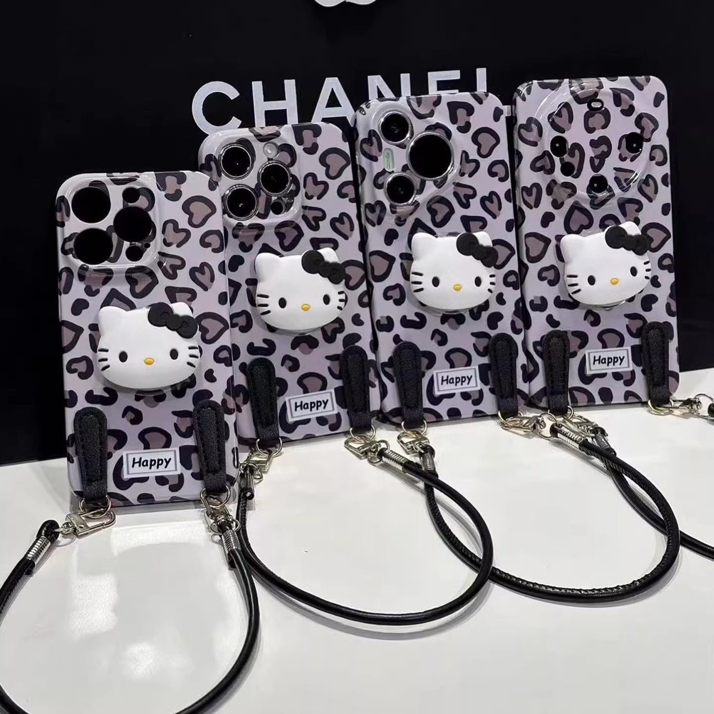 Leopard Print Hello Kitty Phone Case with Stand and Lanyard