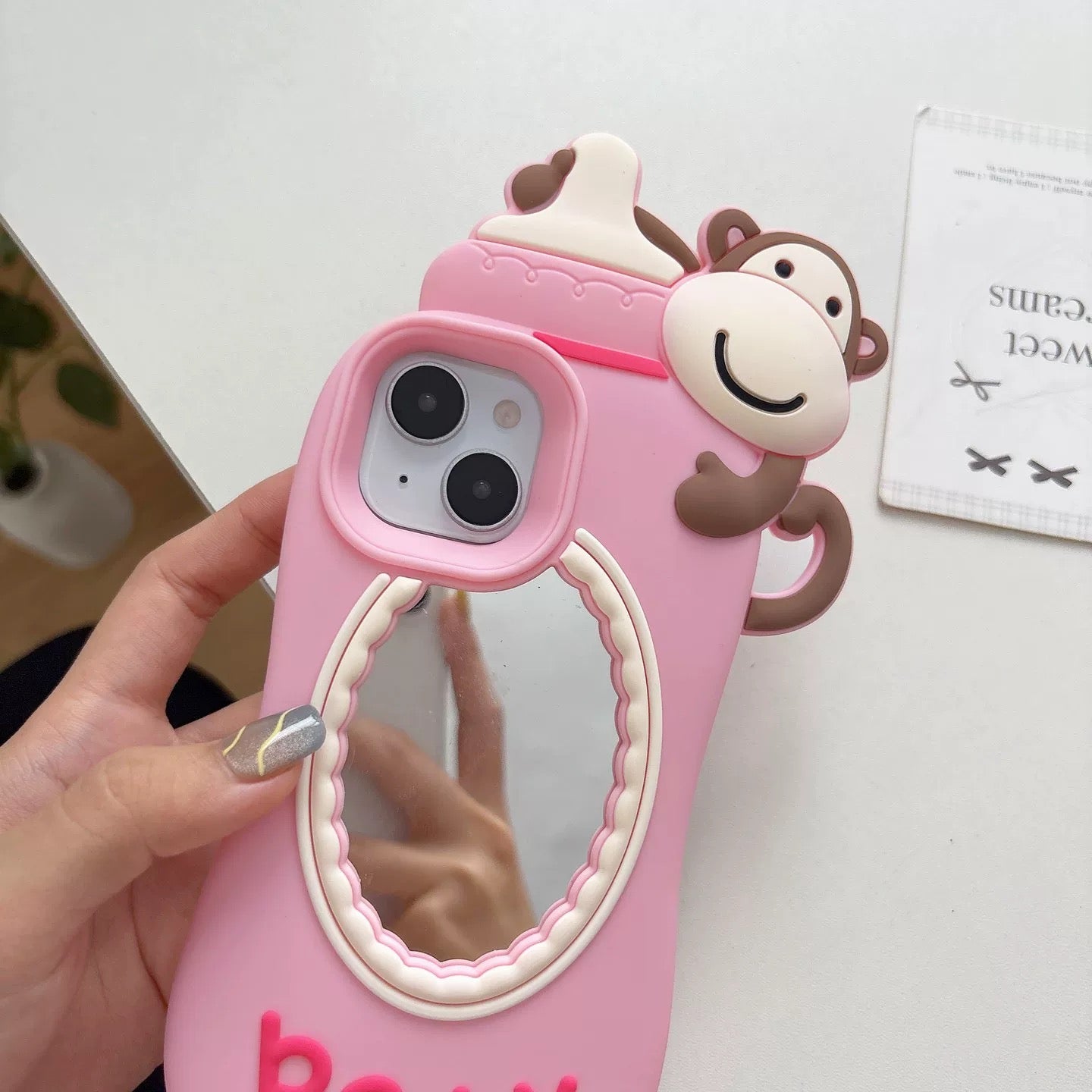 Pacifier Monkey 3D Silicone Phone Case with Makeup Mirror