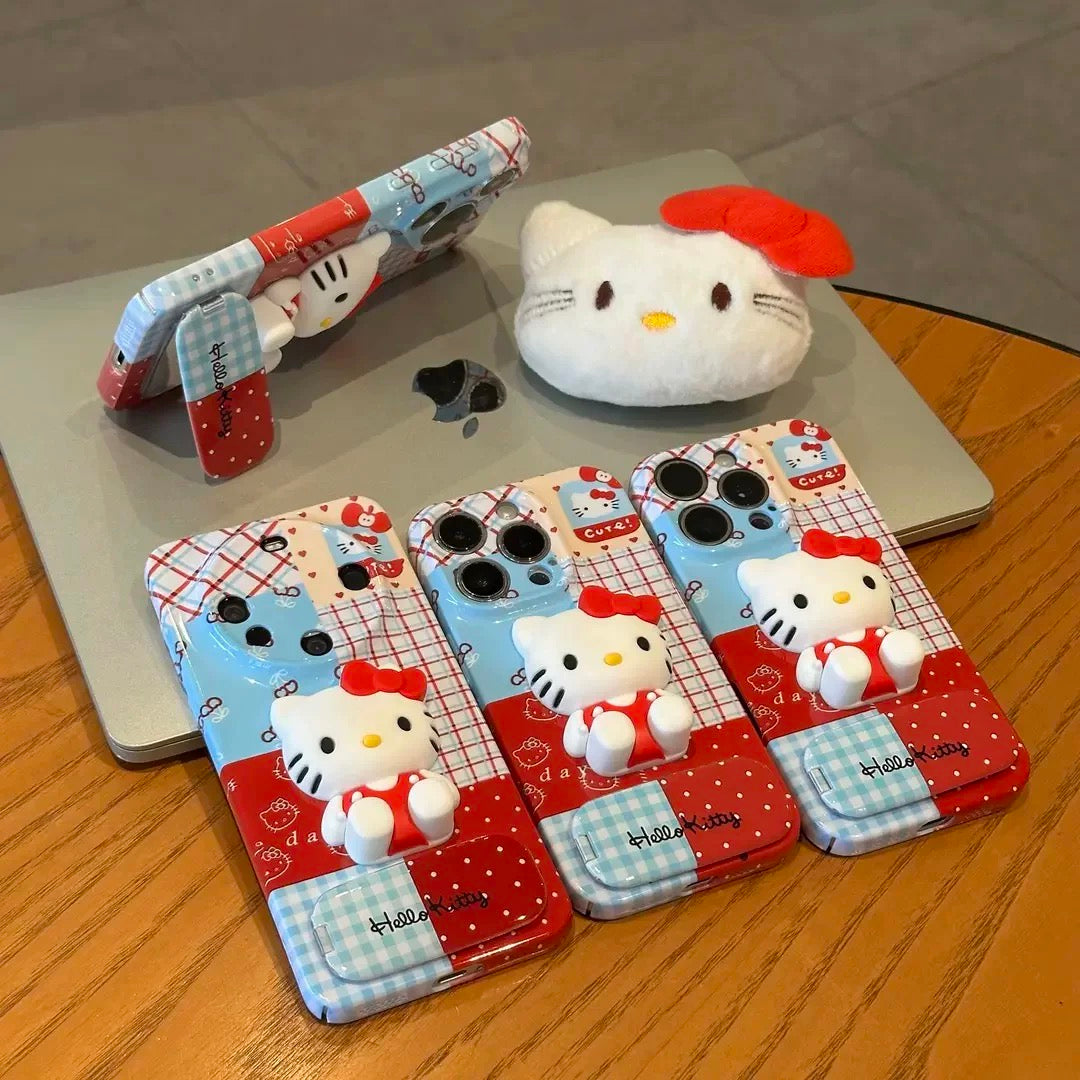 Plaid-Patchwork Hello Kitty Phone Case with Mirror Stand