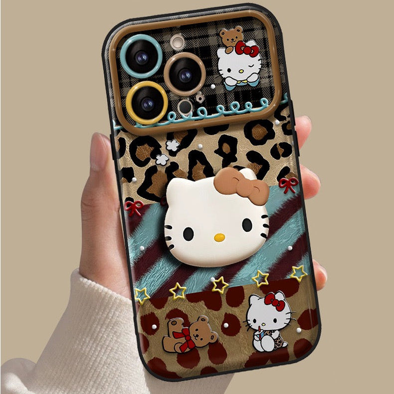 Leopard Print Hello Kitty Flip Phone Case with Mirror and Stand