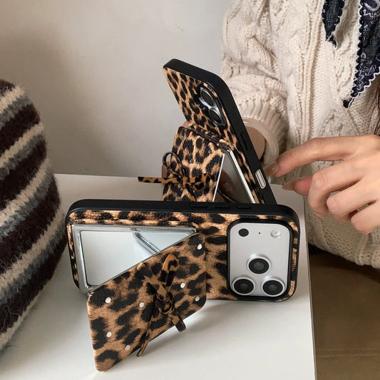 Leopard Print Bow Flap Mirror Phone Case