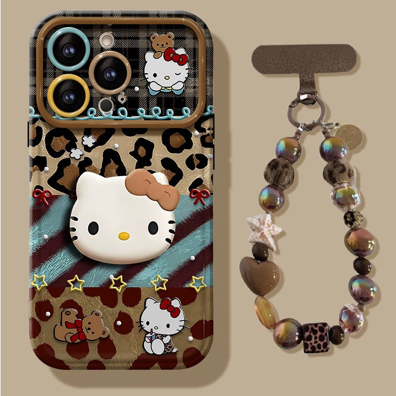 Leopard Print Hello Kitty Flip Phone Case with Mirror and Stand