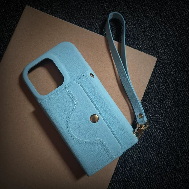 Lychee-Textured Phone Case with Mirror, Card Slot, and Wrist Strap