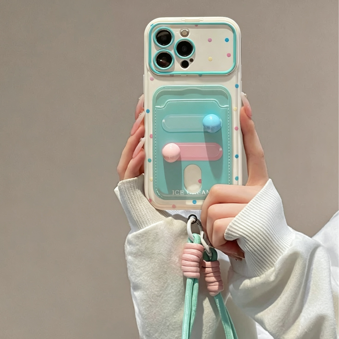Fresh Polka-Dot Portable Mirror and Card Holder Phone Case
