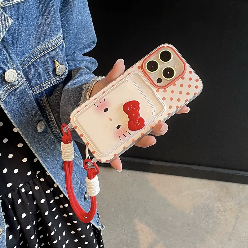 Cute red polka dot cat card holder phone case