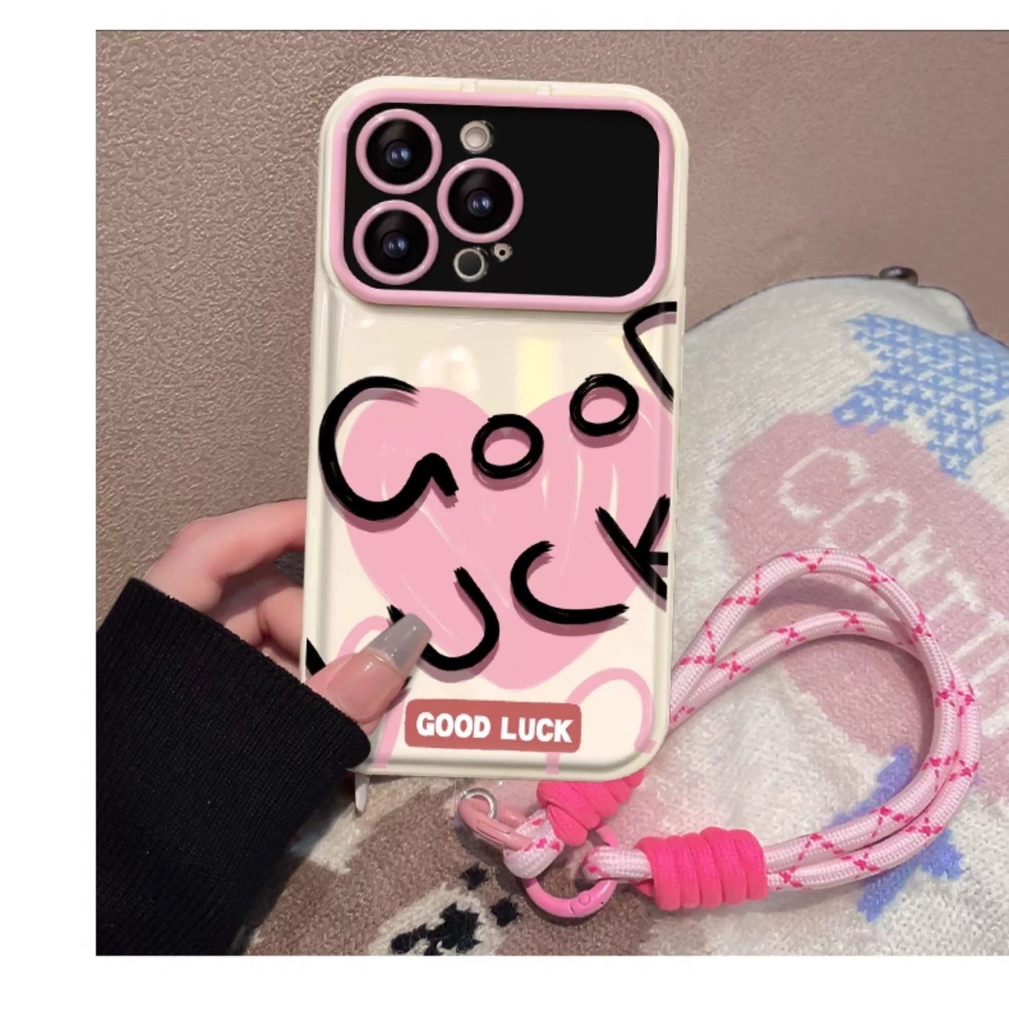 Pink heart-shaped lucky flip mirror phone case