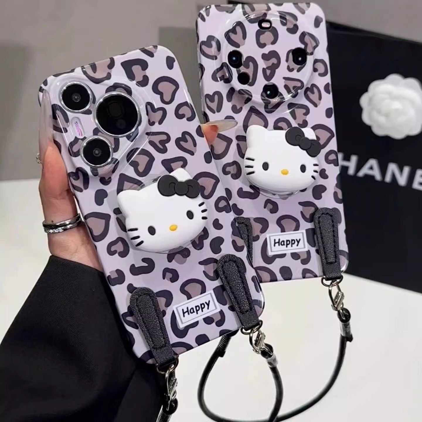 Leopard Print Hello Kitty Phone Case with Stand and Lanyard