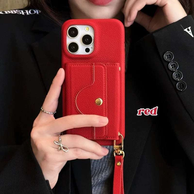 Lychee-Textured Phone Case with Mirror, Card Slot, and Wrist Strap