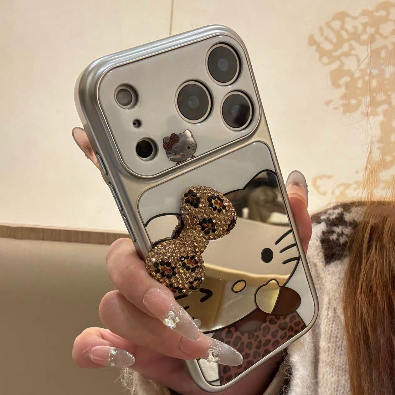 Leopard print 3D bow Kitty mirror phone case