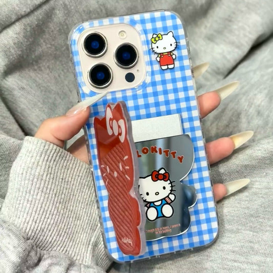 kT cat blue plaid phone case with mirror holder