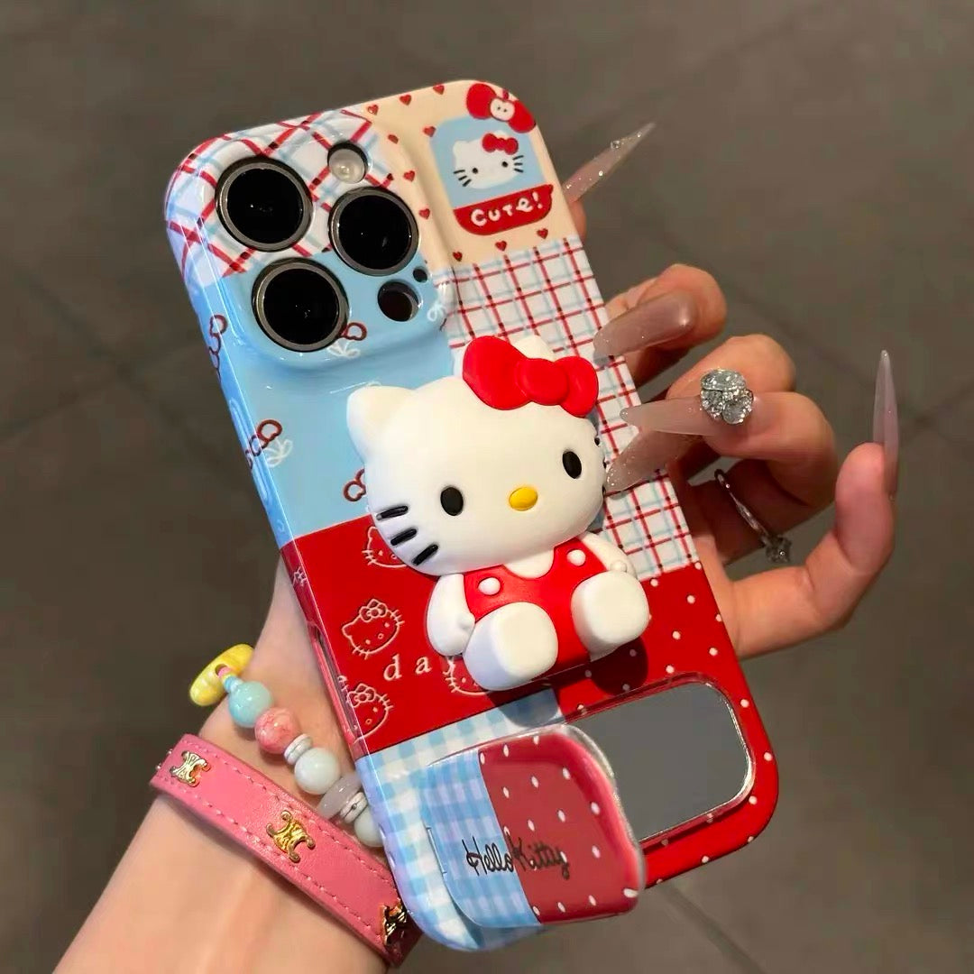Plaid-Patchwork Hello Kitty Phone Case with Mirror Stand