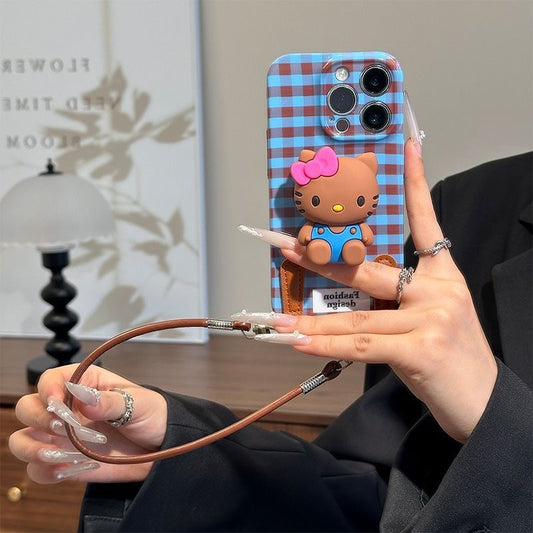 Retro plaid Kitty cat doll stand with lanyard phone case