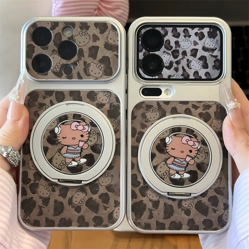 Leopard-Print Hello Kitty Phone Case with 360-Degree Rotating Stand